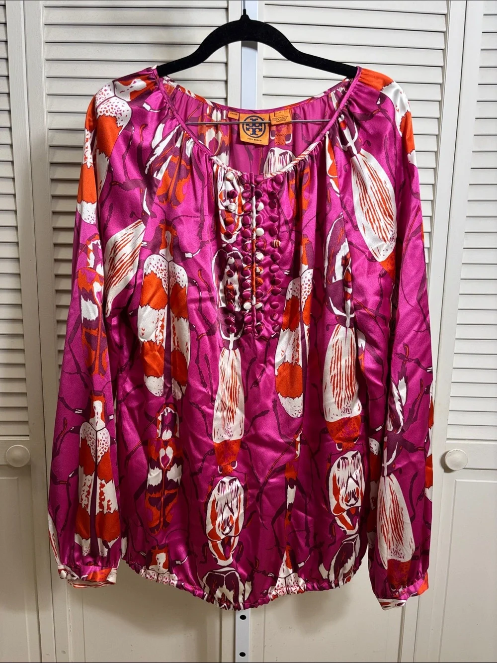 Tory Burch Satin Silk Beetle Print Bohemian Magenta Blouse Size 10